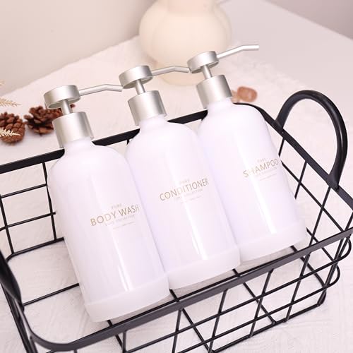 Janxin Shampoo and Conditioner Dispenser Set of 3,Refillable 21oz Shampoo Bottles with Non-Slip Protective Silicone Pad,Shower Soap Dispenser with Waterproof Labels for Bathroom (White) - Image 4