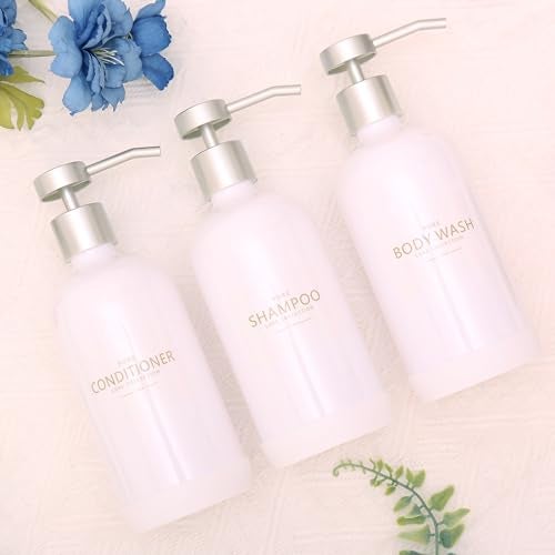 Janxin Shampoo and Conditioner Dispenser Set of 3,Refillable 21oz Shampoo Bottles with Non-Slip Protective Silicone Pad,Shower Soap Dispenser with Waterproof Labels for Bathroom (White) - Image 5