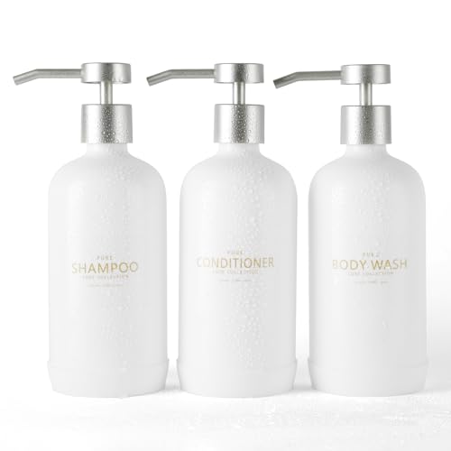 Janxin Shampoo and Conditioner Dispenser Set of 3,Refillable 21oz Shampoo Bottles with Non-Slip Protective Silicone Pad,Shower Soap Dispenser with Waterproof Labels for Bathroom (White) - Image 1