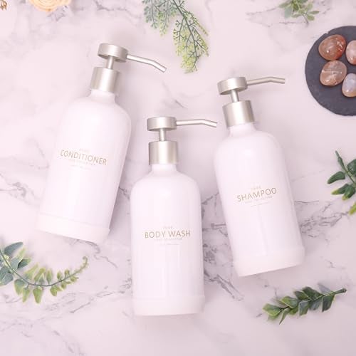 Janxin Shampoo and Conditioner Dispenser Set of 3,Refillable 21oz Shampoo Bottles with Non-Slip Protective Silicone Pad,Shower Soap Dispenser with Waterproof Labels for Bathroom (White) - Image 2