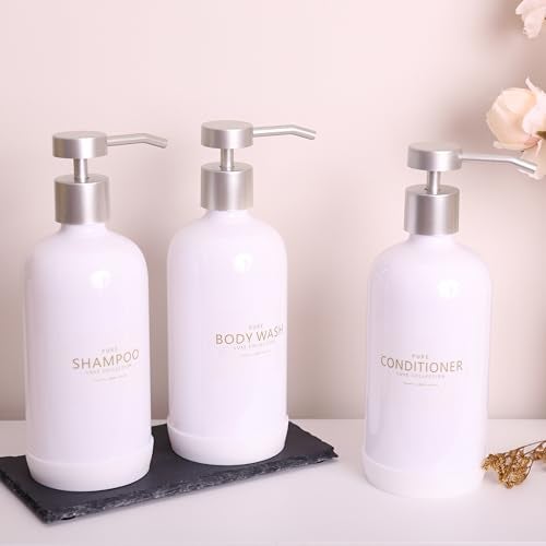 Janxin Shampoo and Conditioner Dispenser Set of 3,Refillable 21oz Shampoo Bottles with Non-Slip Protective Silicone Pad,Shower Soap Dispenser with Waterproof Labels for Bathroom (White) - Image 3