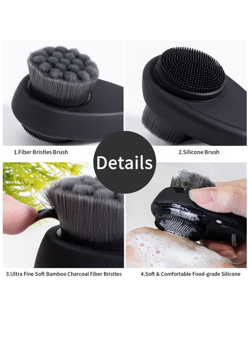 Zikra Facial Cleansing Brush, 2 in 1 for Face Exfoliation, 2 Pack Soft Bamboo Charcoal Microfiber Bristle for Pore Deep Cleansing, Dual Face Silicone Scrubber Brush for Skincare with Lid, Black - Image 3