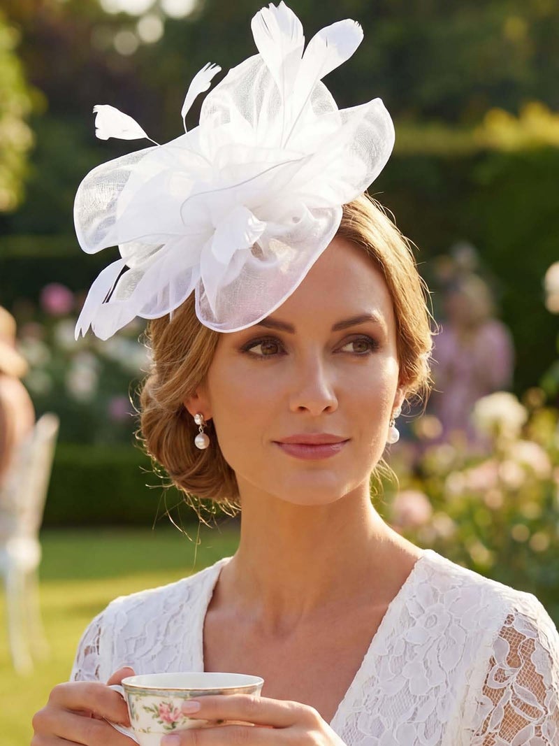 Yokawe Fascinators Hat Feathers Cocktail Headband Tea Party Headpiece for Women (White) - Image 4