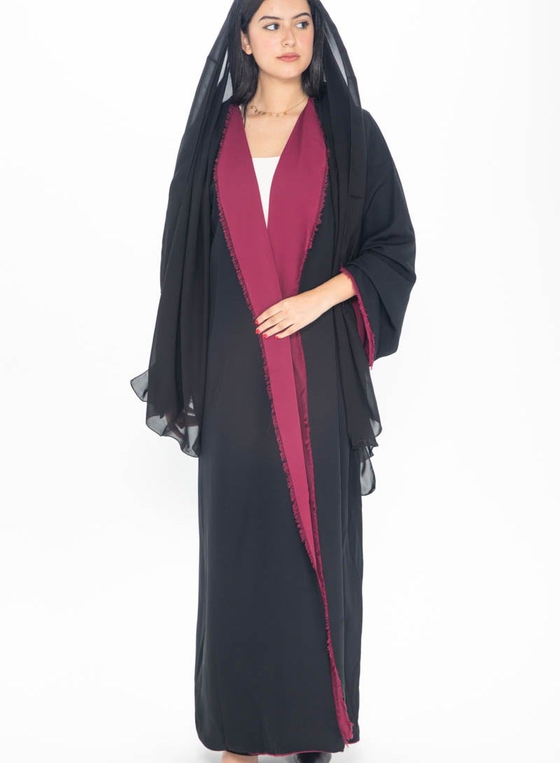 Aara Double Face Black Abaya with Maroon Trim - Image 1