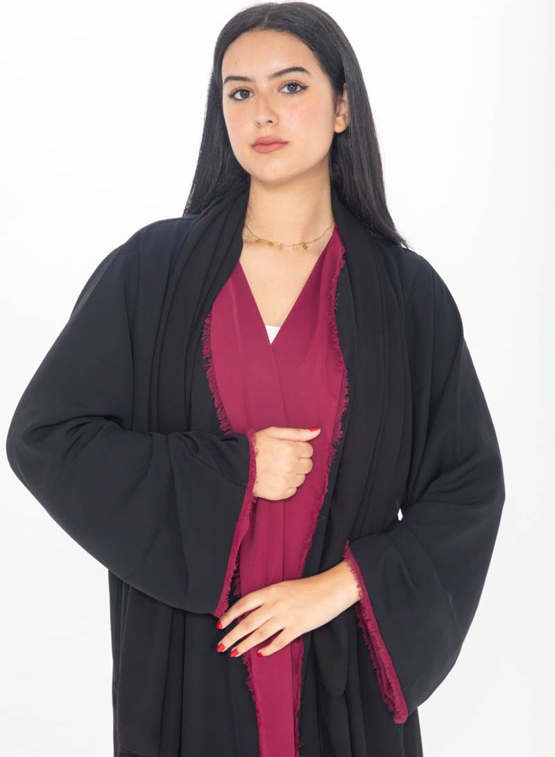 Aara Double Face Black Abaya with Maroon Trim - Image 2