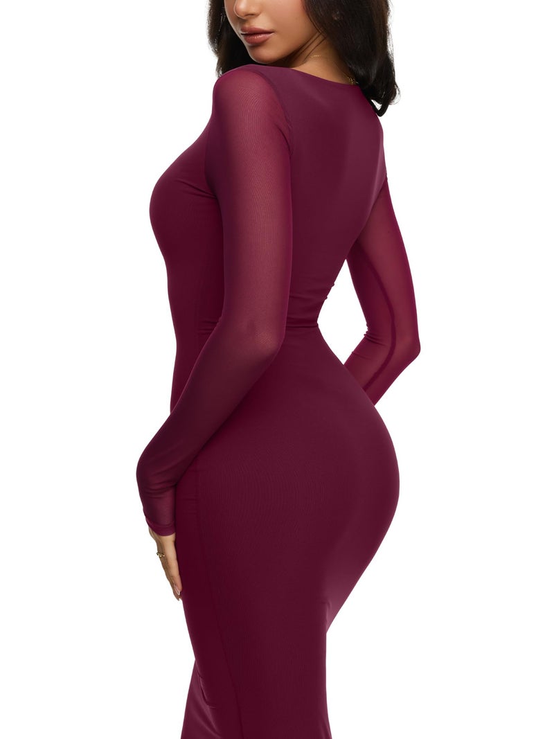 REORIA Women's Spring Mesh Sheer Long Sleeve Wedding Guest Dress Sexy Floral Bodycon Maxi Long Dresses Cordovan Small - Image 2