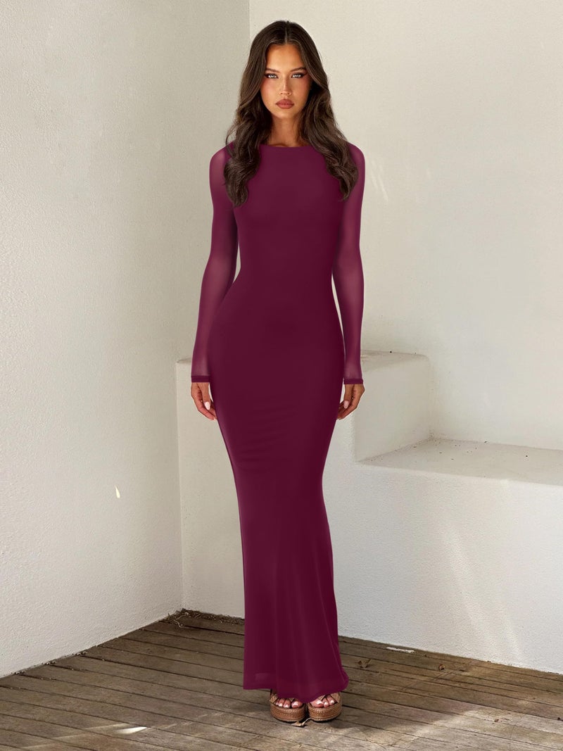 REORIA Women's Spring Mesh Sheer Long Sleeve Wedding Guest Dress Sexy Floral Bodycon Maxi Long Dresses Cordovan Small - Image 4