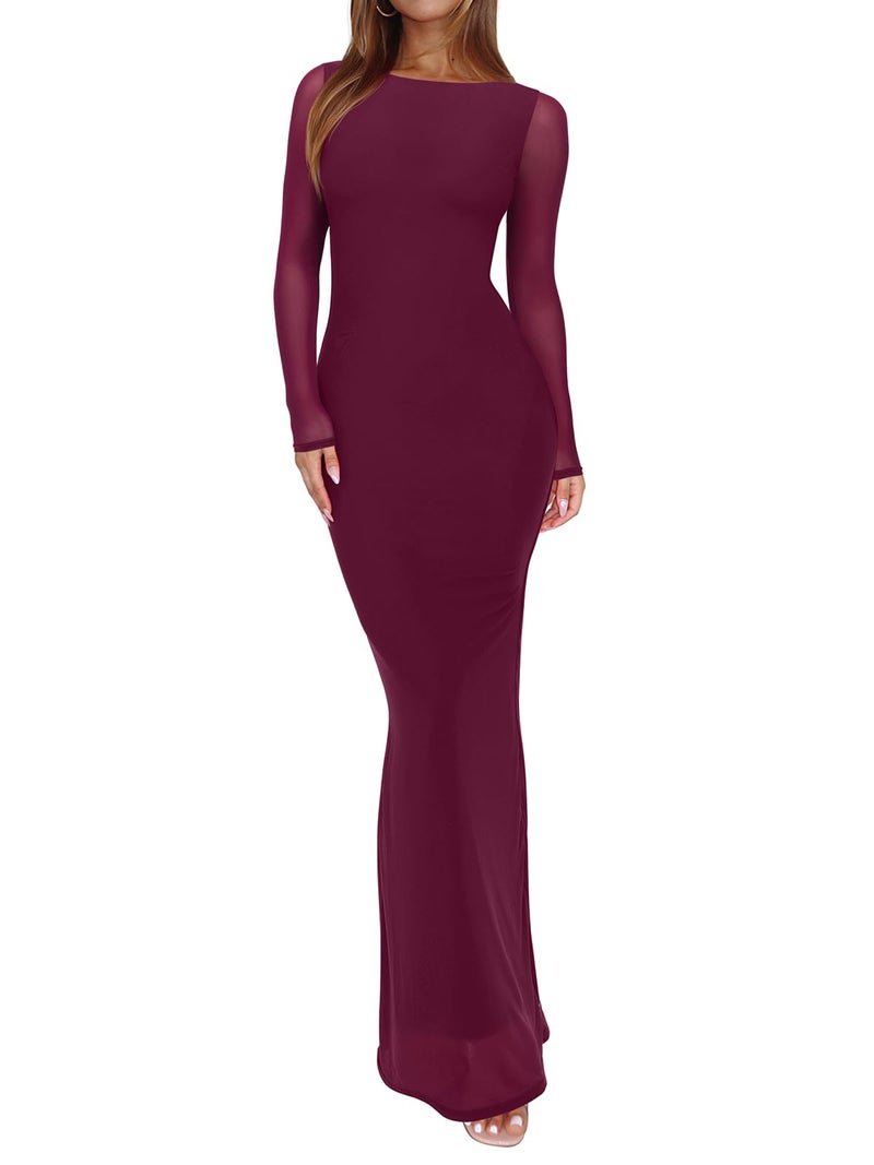 REORIA Women's Spring Mesh Sheer Long Sleeve Wedding Guest Dress Sexy Floral Bodycon Maxi Long Dresses Cordovan Small - Image 1