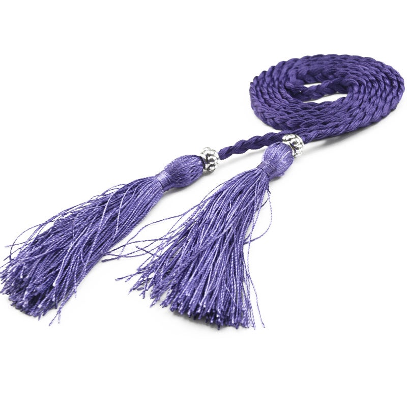 Braided Tassel Belt Ladies Skinny Butterfly Knot Purple 