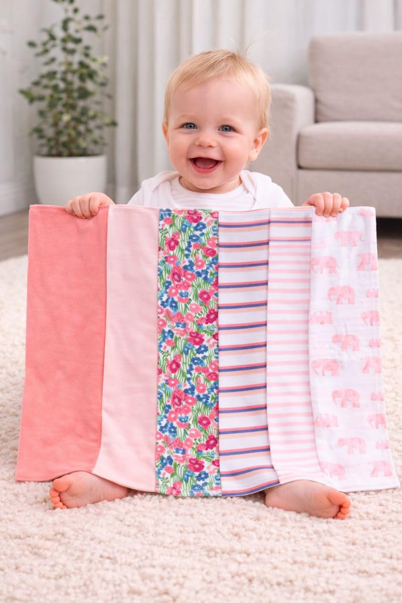 TuddyBuddy Baby Burp Cloth Towel Napkins for Baby Large 17x12 Inches, Fine Double Layer 100% Cotton (5 Pcs Burp Towels, Pink Elephants & Floral) - Image 3