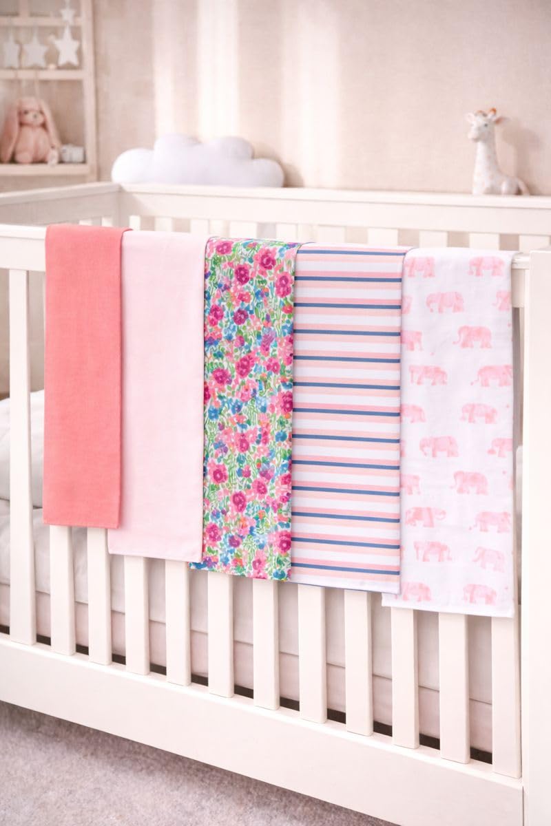 TuddyBuddy Baby Burp Cloth Towel Napkins for Baby Large 17x12 Inches, Fine Double Layer 100% Cotton (5 Pcs Burp Towels, Pink Elephants & Floral) - Image 2