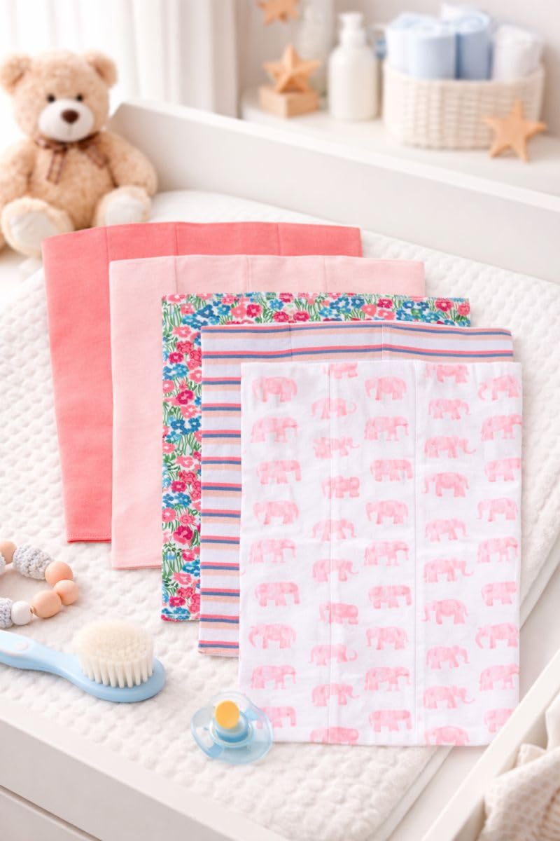 TuddyBuddy Baby Burp Cloth Towel Napkins for Baby Large 17x12 Inches, Fine Double Layer 100% Cotton (5 Pcs Burp Towels, Pink Elephants & Floral) - Image 1
