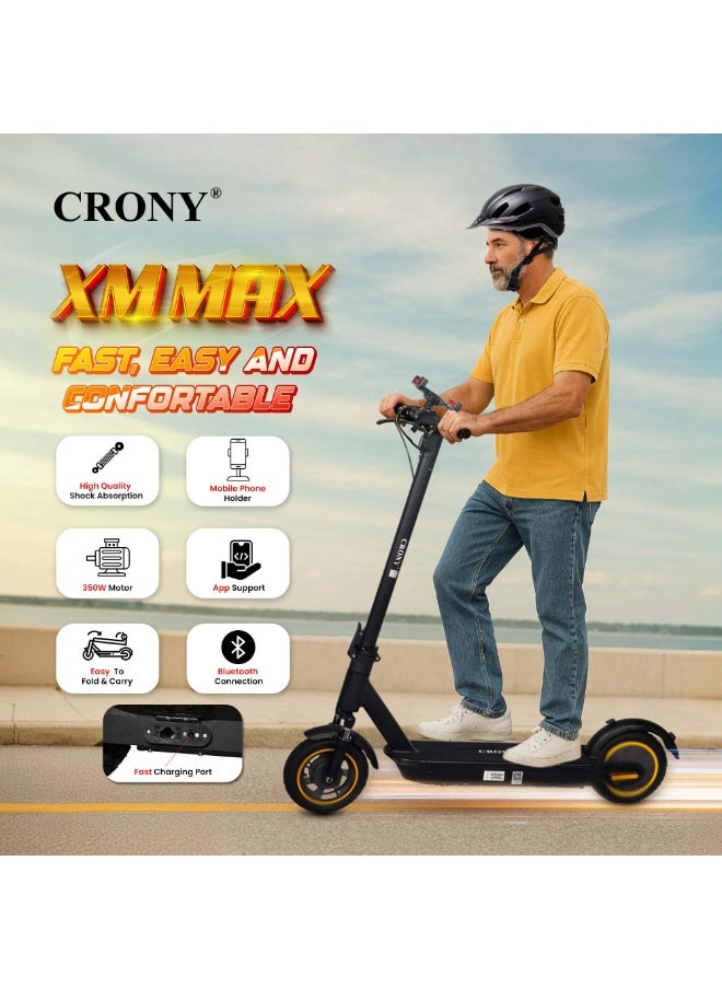 Crony - XM Max E Scooter 350W Motor, 36V 15.6AH Battery, 35-55KM/lH Top Speed, 25-45KM Range, Front Suspension, LED Base Light, LCD Display, App Connectivity, Foldable Electric Scooter with Phone Holder, Hand Bell,hook,Solid Tires, Lock, Lightweight Frame 120KG Load, Ideal E-Bike for Adults, Off-Road, Commuter E Skateboard, Fast Speed Electric Scooter for Adults Teens & Kids Urban Mobility tool,Perfect Scooter for Outdoor Adventures, Youth Electric Rideable, Portable Electric Scooter with Safety Features, Ideal for Kids Who Want to Explore, Fun and Practical Scooter for Family Rides, Suitable for Youth Riders,Antivibrator Black - Image 1