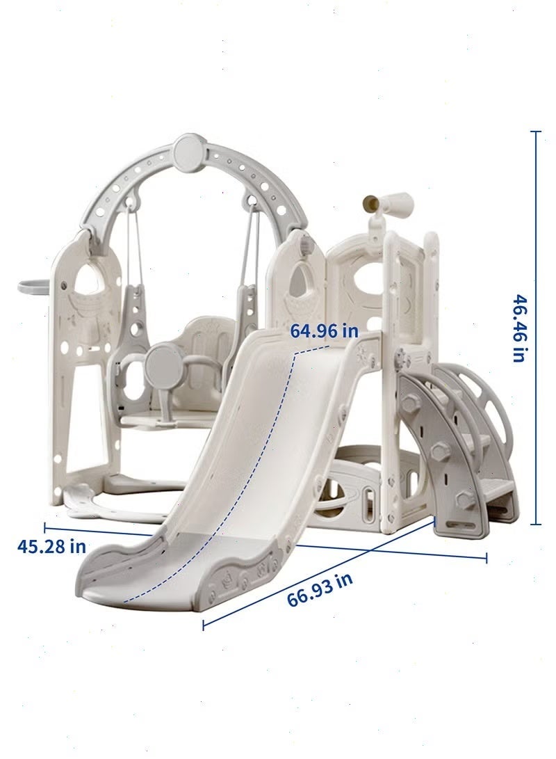 4-in-1 Kids Slide and Swing Set with Basketball Hoop & Telescope | Space Themed Outdoor & Indoor Playground Climber for Children | Backyard Play Set (Grey-White) - Image 2