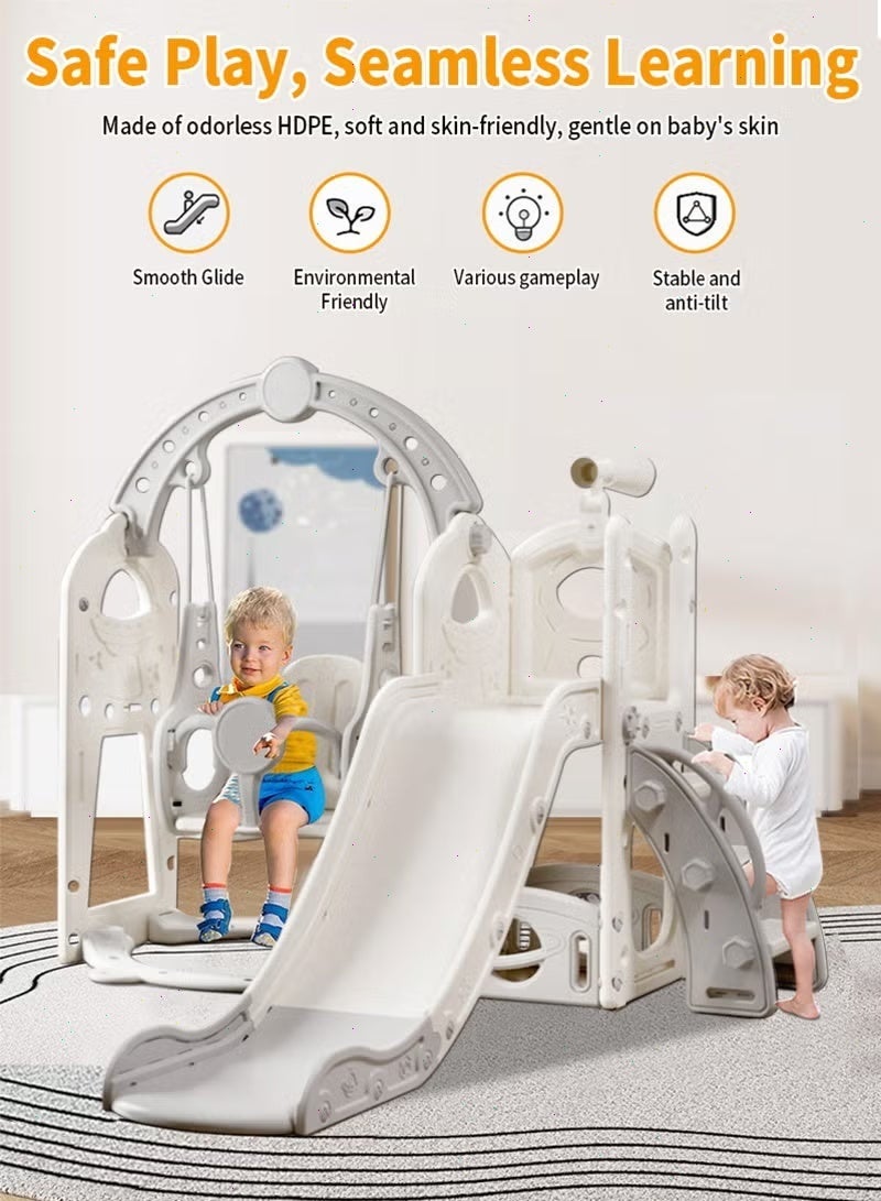 4-in-1 Kids Slide and Swing Set with Basketball Hoop & Telescope | Space Themed Outdoor & Indoor Playground Climber for Children | Backyard Play Set (Grey-White) - Image 5