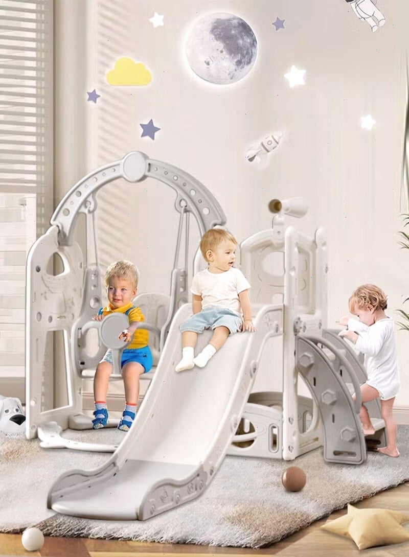 4-in-1 Kids Slide and Swing Set with Basketball Hoop & Telescope | Space Themed Outdoor & Indoor Playground Climber for Children | Backyard Play Set (Grey-White) - Image 1