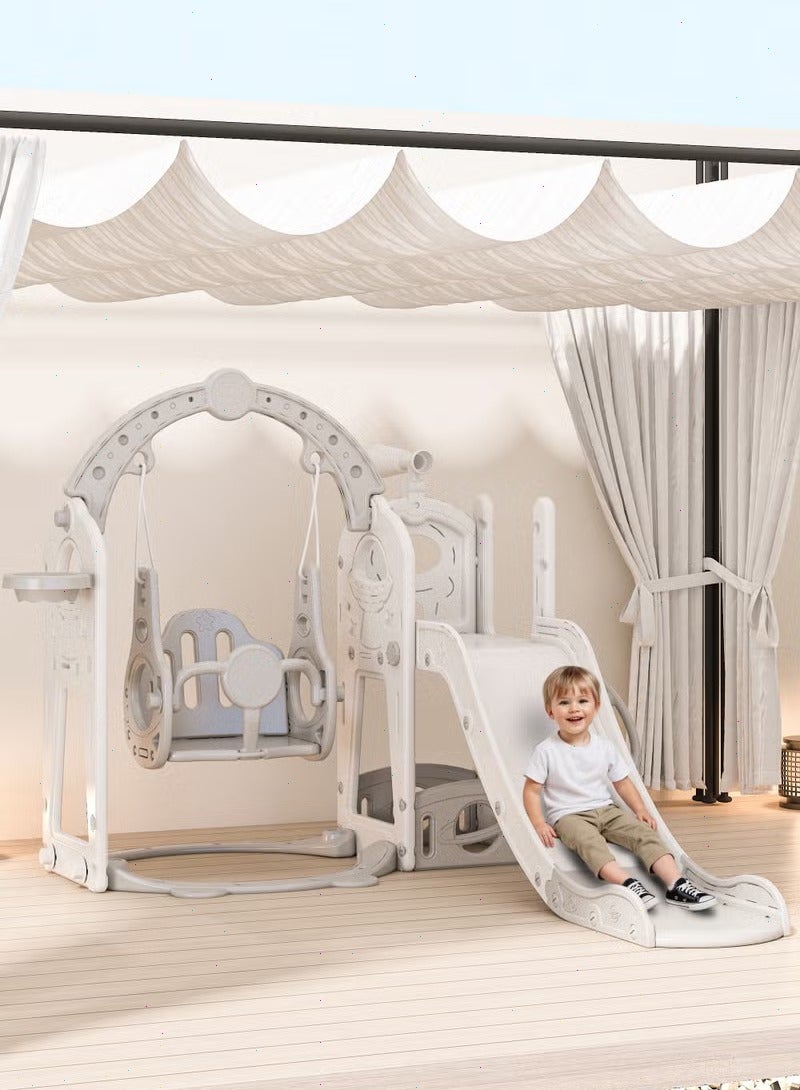 4-in-1 Kids Slide and Swing Set with Basketball Hoop & Telescope | Space Themed Outdoor & Indoor Playground Climber for Children | Backyard Play Set (Grey-White) - Image 4