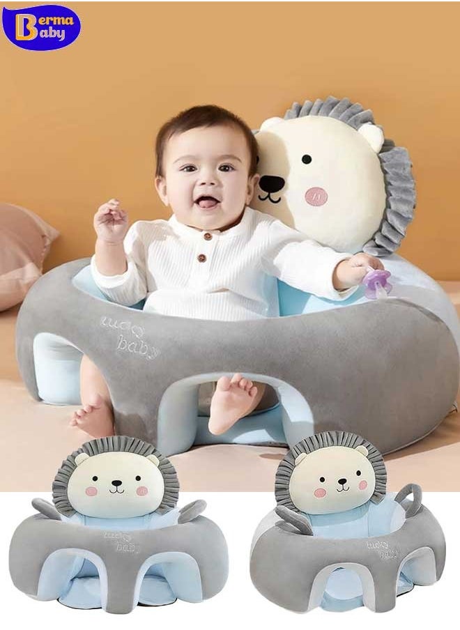 Berma Baby كرسي دعم للأطفال، أريكة كرتونية، كراسي جلوس تعليمية لطيفة، كرسي جلوس للأطفال، واقي للرأس، كرسي هزاز للأطفال، مقاعد أرضية للأطفال (أسد رمادي)  - Image 1