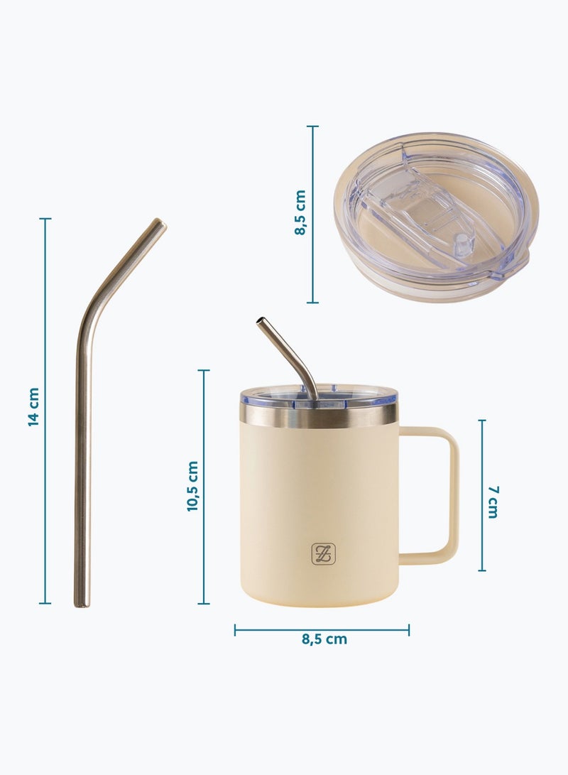 ZYMTA 350ML Insulated Stainless Steel Tumbler with Lid, Straw & Handle | Double-Walled Travel Mug for Hot & Cold Drinks - Beige  - Image 4