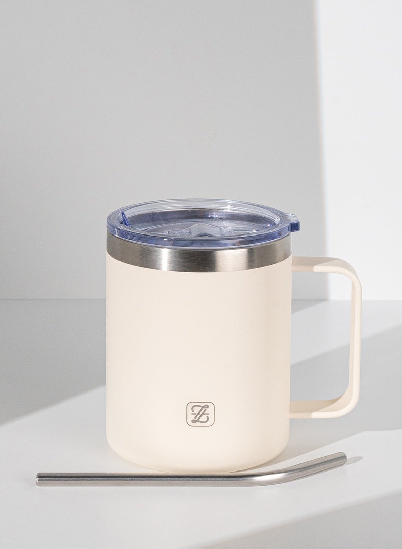 ZYMTA 350ML Insulated Stainless Steel Tumbler with Lid, Straw & Handle | Double-Walled Travel Mug for Hot & Cold Drinks - Beige  - Image 1