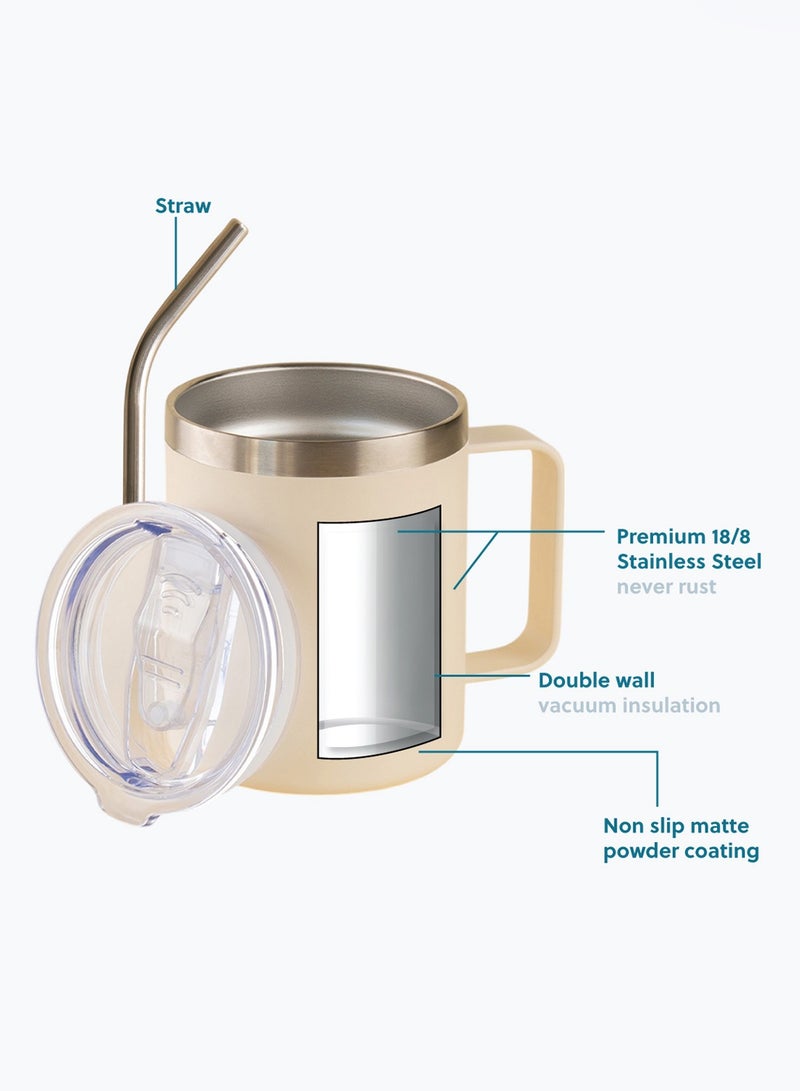 ZYMTA 350ML Insulated Stainless Steel Tumbler with Lid, Straw & Handle | Double-Walled Travel Mug for Hot & Cold Drinks - Beige  - Image 5