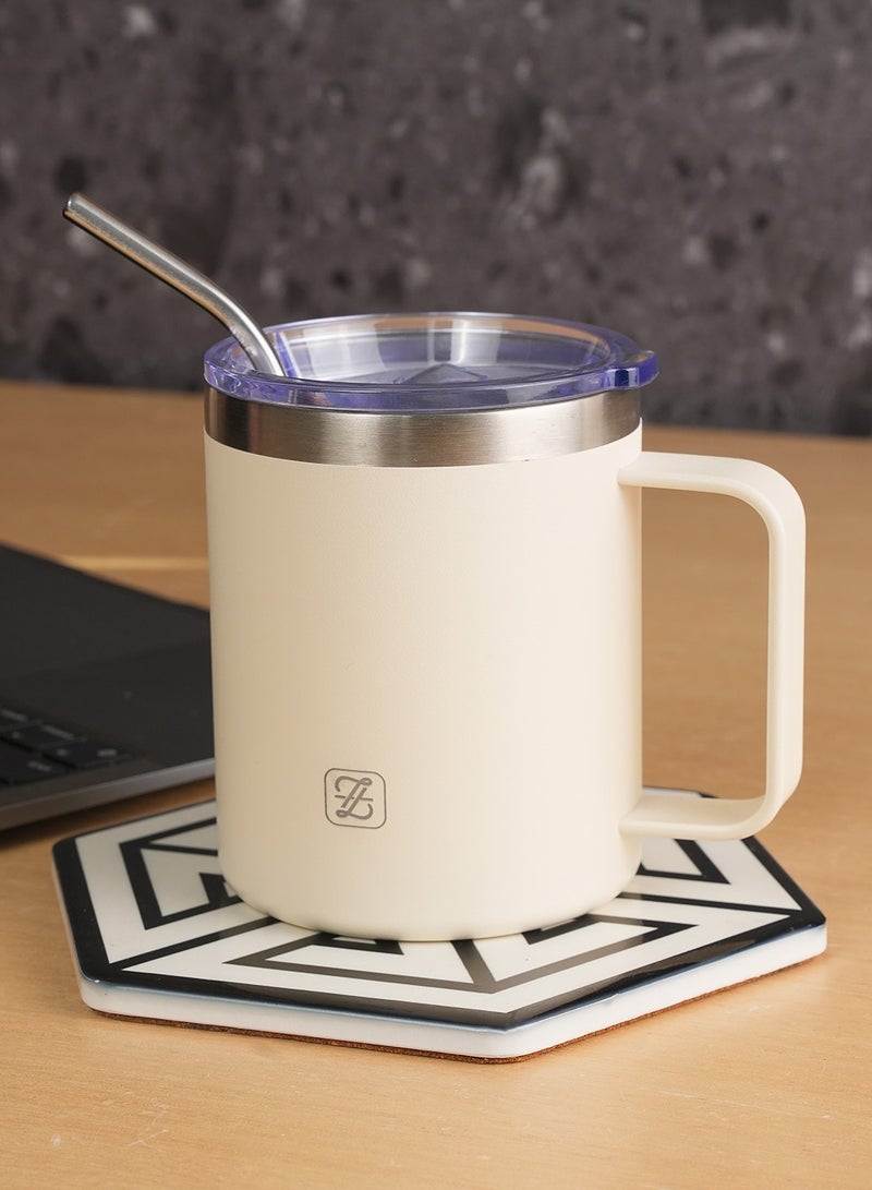 ZYMTA 350ML Insulated Stainless Steel Tumbler with Lid, Straw & Handle | Double-Walled Travel Mug for Hot & Cold Drinks - Beige  - Image 2
