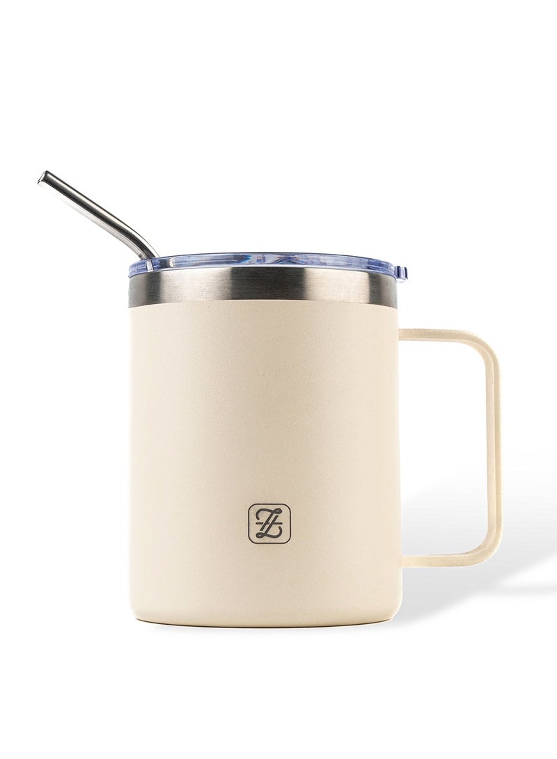 ZYMTA 350ML Insulated Stainless Steel Tumbler with Lid, Straw & Handle | Double-Walled Travel Mug for Hot & Cold Drinks - Beige  - Image 1