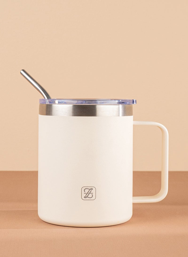 ZYMTA 350ML Insulated Stainless Steel Tumbler with Lid, Straw & Handle | Double-Walled Travel Mug for Hot & Cold Drinks - Beige  - Image 2