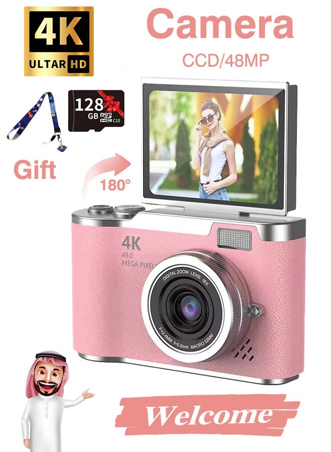 Digisand Digital Camera with 128G SD Card 4K CCD Digital Zoom Student Digital Camera 48MP Portable Photography Camera 180° Flip Screen Selfie Camera, Free Gift Lanyard and Cartoon Stickers - Image 1