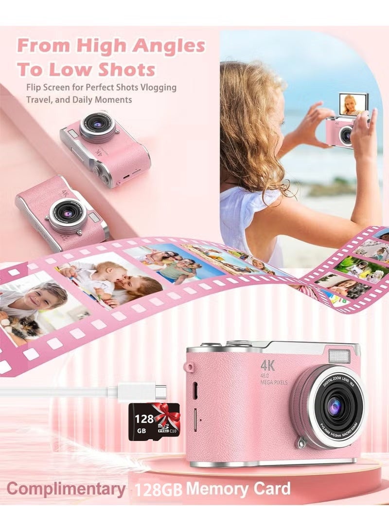 Digisand Digital Camera with 128G SD Card 4K CCD Digital Zoom Student Digital Camera 48MP Portable Photography Camera 180° Flip Screen Selfie Camera, Free Gift Lanyard and Cartoon Stickers - Image 3