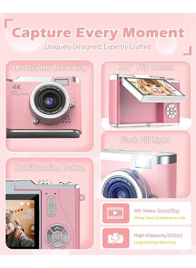 Digisand Digital Camera with 128G SD Card 4K CCD Digital Zoom Student Digital Camera 48MP Portable Photography Camera 180° Flip Screen Selfie Camera, Free Gift Lanyard and Cartoon Stickers - Image 5