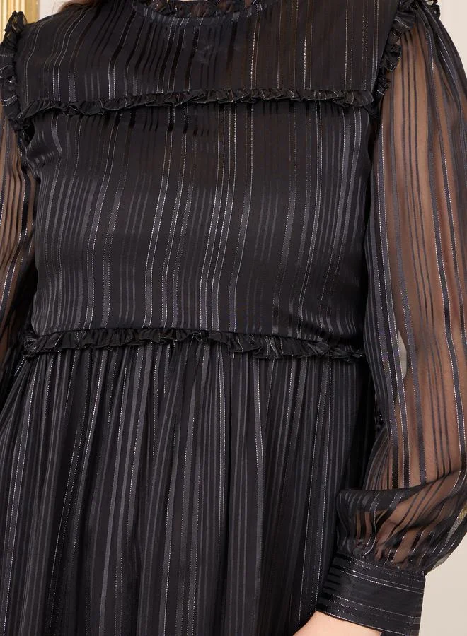 Styli Plus Lurex Striped Frill Detail High Neck A-Line Midi Dress