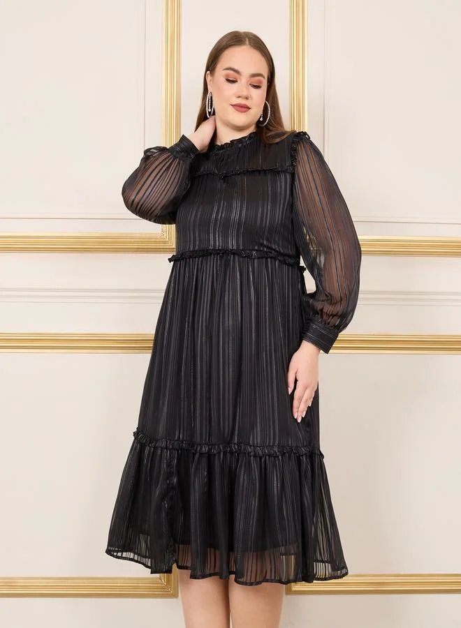 Styli Plus Lurex Striped Frill Detail High Neck A-Line Midi Dress