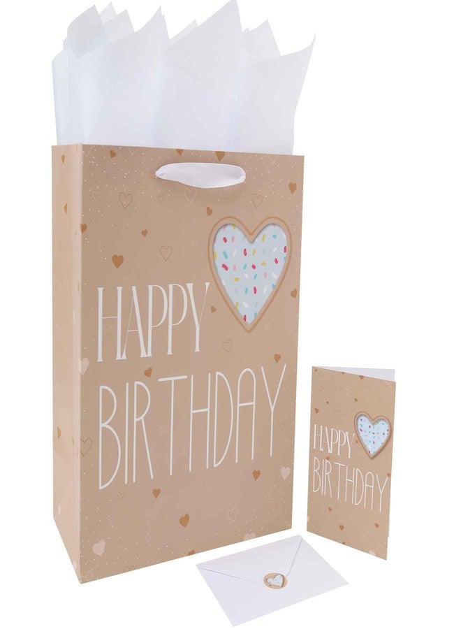 Qirrmiy 13” Large Brown Happy Birthday Gift Bag Set with Handles, Greeting Card, Green Tissue Papers and Stickers for Women Girls Men Boys Kids Teens, Heart Design, 1 Pcs. - Image 1