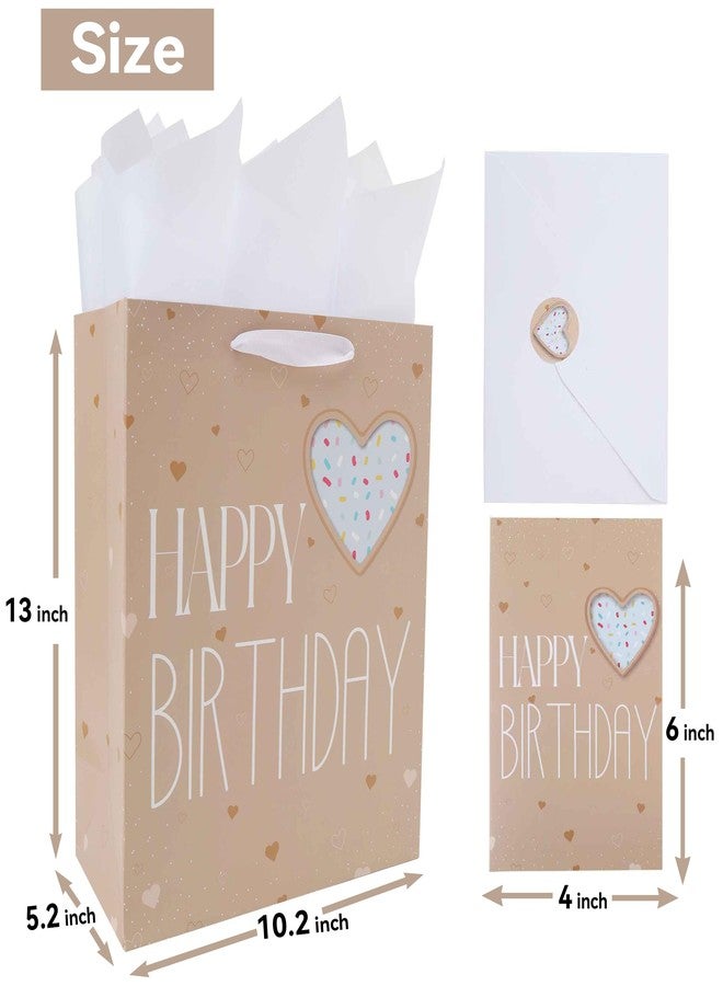 Qirrmiy 13” Large Brown Happy Birthday Gift Bag Set with Handles, Greeting Card, Green Tissue Papers and Stickers for Women Girls Men Boys Kids Teens, Heart Design, 1 Pcs. - Image 2