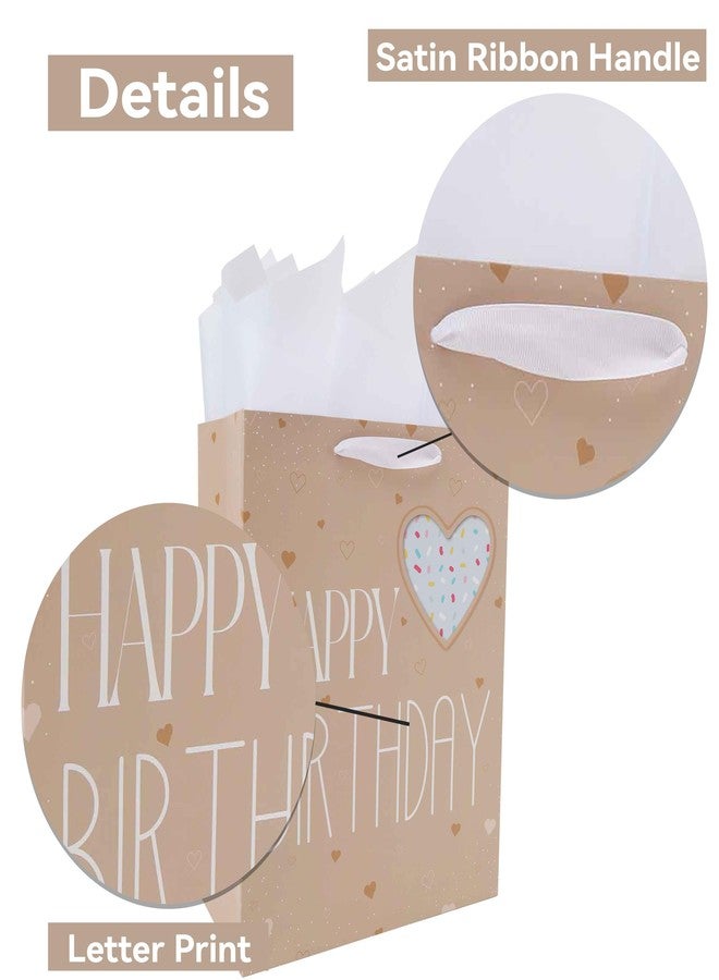 Qirrmiy 13” Large Brown Happy Birthday Gift Bag Set with Handles, Greeting Card, Green Tissue Papers and Stickers for Women Girls Men Boys Kids Teens, Heart Design, 1 Pcs. - Image 4