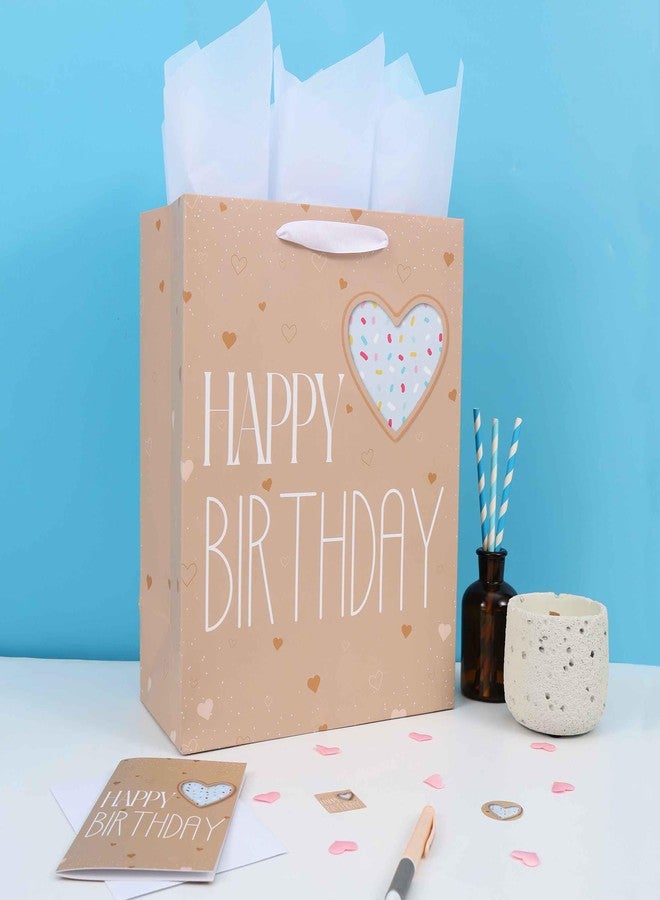 Qirrmiy 13” Large Brown Happy Birthday Gift Bag Set with Handles, Greeting Card, Green Tissue Papers and Stickers for Women Girls Men Boys Kids Teens, Heart Design, 1 Pcs. - Image 5