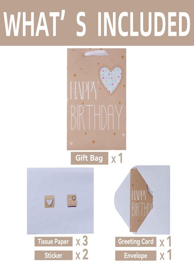 Qirrmiy 13” Large Brown Happy Birthday Gift Bag Set with Handles, Greeting Card, Green Tissue Papers and Stickers for Women Girls Men Boys Kids Teens, Heart Design, 1 Pcs. - Image 3