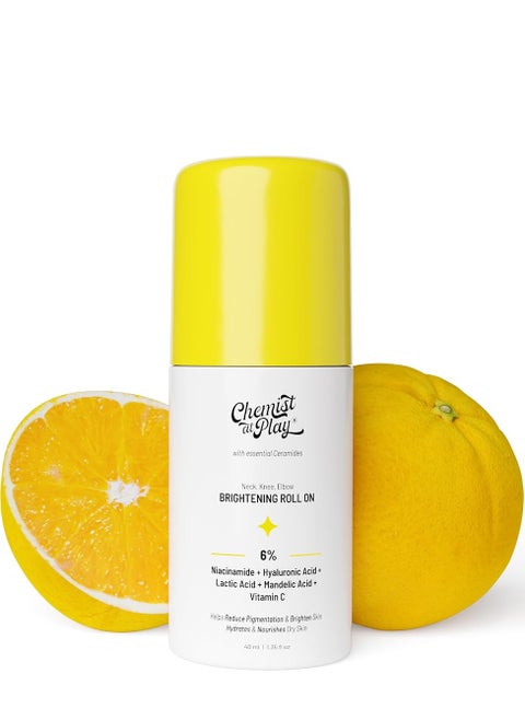 Chemist at Play Brightening Roll On For Neck, Knee and Elbow With 6% Vitamin C+ Hyaluronic Acid, AHAs, Niacinamide and Ceramides Helps Reduction in Pigmentation and Hydrates Dry Skin 40ml