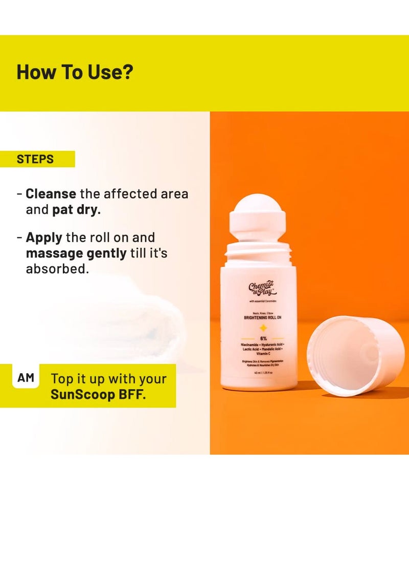 Chemist at Play - Chemist at Play Brightening Roll On For Neck, Knee and Elbow With 6% Vitamin C+ Hyaluronic Acid, AHAs, Niacinamide and Ceramides Helps Reduction in Pigmentation and Hydrates Dry Skin 40ml - Image 1