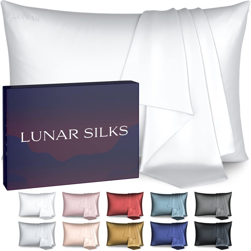 Lunar Silks Lunar Silks Highest Grade 6A 100 Pure Mulberry Real Silk Pillowcase 22 Momme Both Sides for Hair and Skin  Acne Free  1PC in Gift Box Frost White Queen 