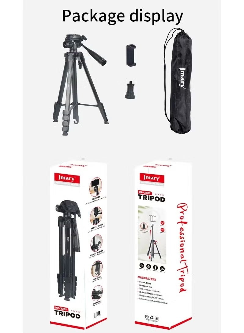 جيه ماري حامل ثلاثي القوائم قابل للتعديل KP-2201 مع رأس دوار 360 درجة، ارتفاع قابل للتمديد، مشبك عالمي للكاميرا والهاتف المحمول وإضاءة الحلقة، تصميم خفيف الوزن محمول للتصوير الفوتوغرافي وتصوير الفيديو والبث المباشر - Image 3