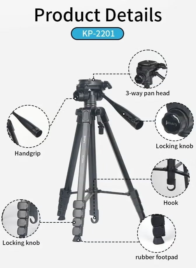 جيه ماري حامل ثلاثي القوائم قابل للتعديل KP-2201 مع رأس دوار 360 درجة، ارتفاع قابل للتمديد، مشبك عالمي للكاميرا والهاتف المحمول وإضاءة الحلقة، تصميم خفيف الوزن محمول للتصوير الفوتوغرافي وتصوير الفيديو والبث المباشر - Image 5