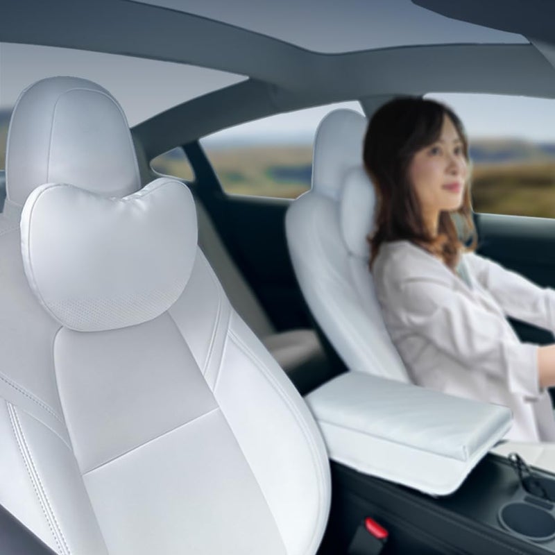 BlissfulNest Tesla Neck Pillow Car Seat Headrest 2 Pack Neck Pillow for Tesla Model Y Tesla Model 3 Tesla Model X Tesla Model S Nappa Leather Height Adjustable Thickness Adjustable White - Image 2