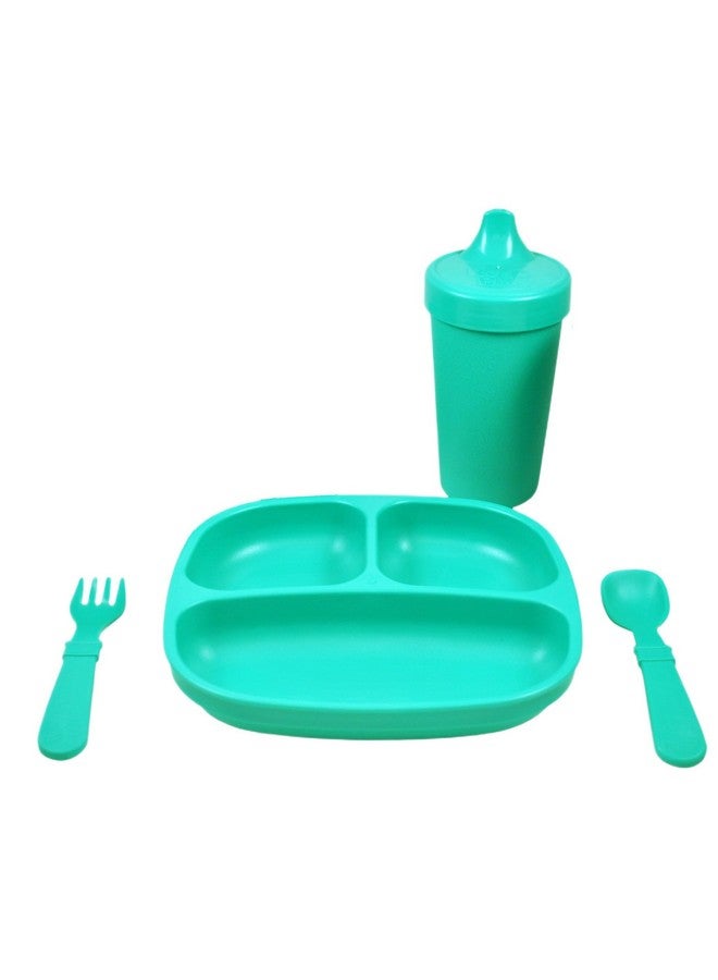 Re-Play Toddler Dinnerware Set - No-Spill Sippy Cup, 7" Divided Plate, Rounded Tip Fork and Deep Scoop Spoon - Dishwasher and Microwave Safe - Made in USA - Aqua - Image 1