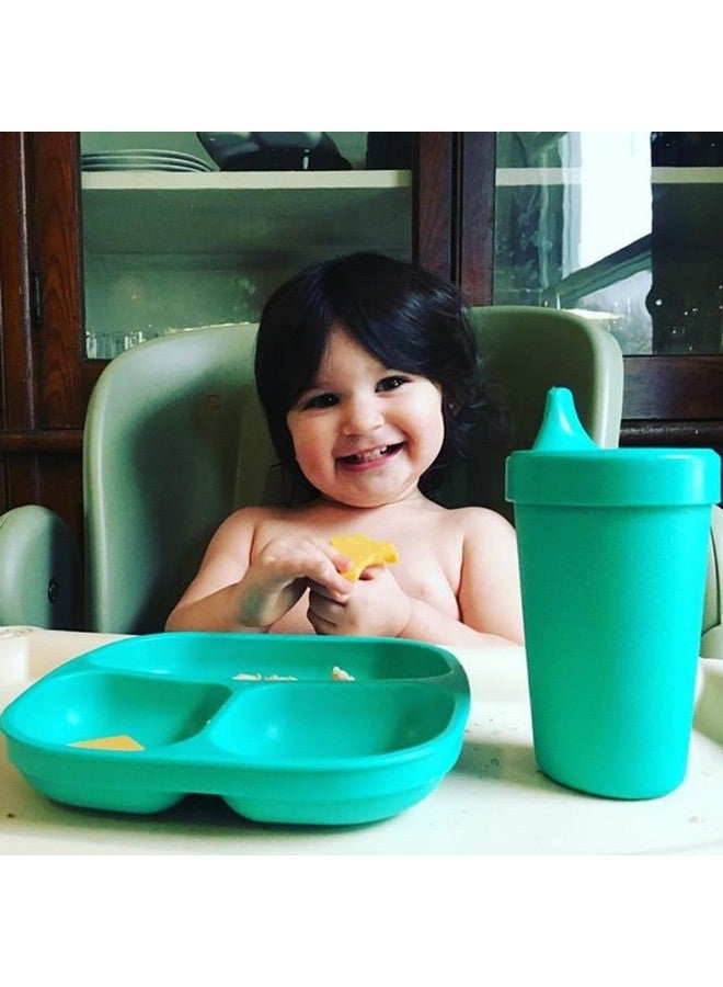 Re-Play Toddler Dinnerware Set - No-Spill Sippy Cup, 7" Divided Plate, Rounded Tip Fork and Deep Scoop Spoon - Dishwasher and Microwave Safe - Made in USA - Aqua - Image 2