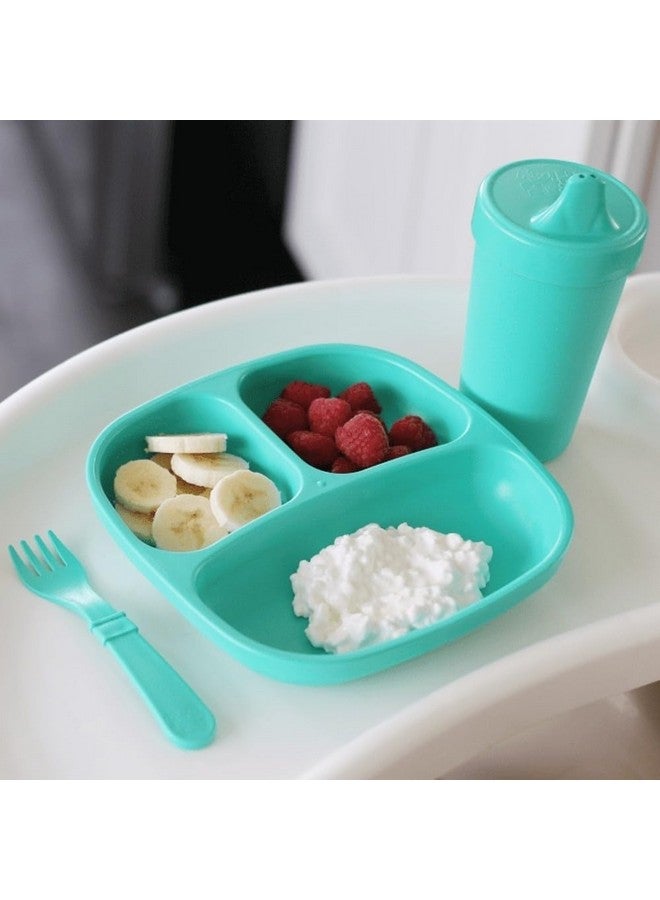 Re-Play Toddler Dinnerware Set - No-Spill Sippy Cup, 7" Divided Plate, Rounded Tip Fork and Deep Scoop Spoon - Dishwasher and Microwave Safe - Made in USA - Aqua - Image 3