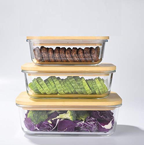 BLISSBORN Rectangular Glass Bowl Store Food Fresh Storage Container with Air Tight Wooden Lid 400 ml 600 ml 800 ml Glass Wooden Fridge Container Pack of 3 clear glass - Image 2