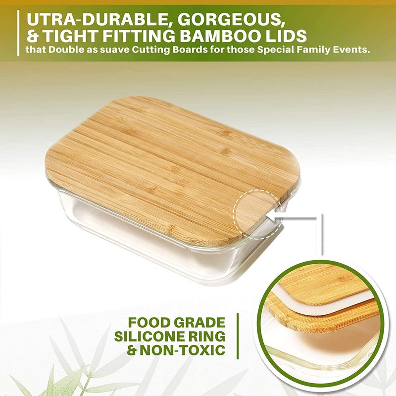 BLISSBORN Rectangular Glass Bowl Store Food Fresh Storage Container with Air Tight Wooden Lid 400 ml 600 ml 800 ml Glass Wooden Fridge Container Pack of 3 clear glass - Image 4