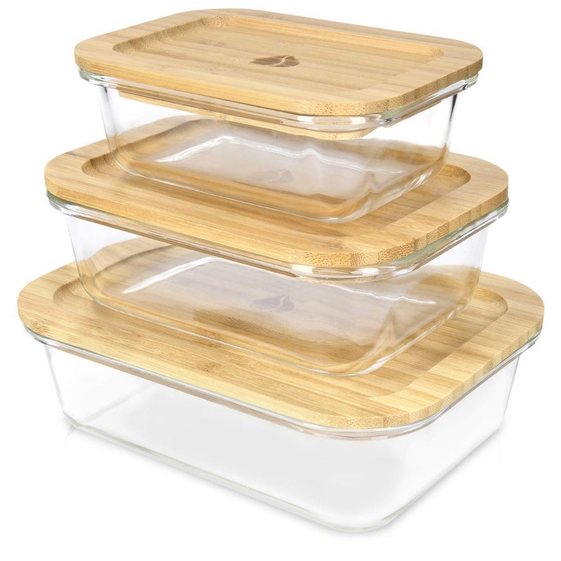 BLISSBORN Rectangular Glass Bowl Store Food Fresh Storage Container with Air Tight Wooden Lid 400 ml 600 ml 800 ml Glass Wooden Fridge Container Pack of 3 clear glass - Image 1